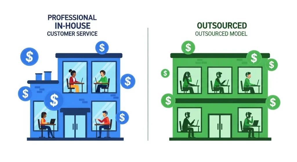 Cost comparison infographic: outsourced vs in-house customer service in Irvine showing annual expenses and ROI