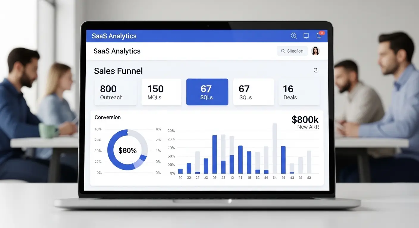 SaaS lead generation dashboard showing sales pipeline, MQL to SQL conversion, and new ARR metrics