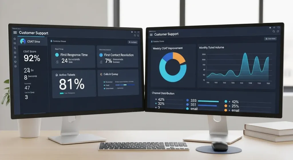 Customer support outsourcing company in Irvine performance dashboard showing CSAT, First Response Time and FCR metrics