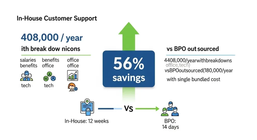 BPO services for small businesses USA cost comparison showing 56% savings versus in-house team annual costs