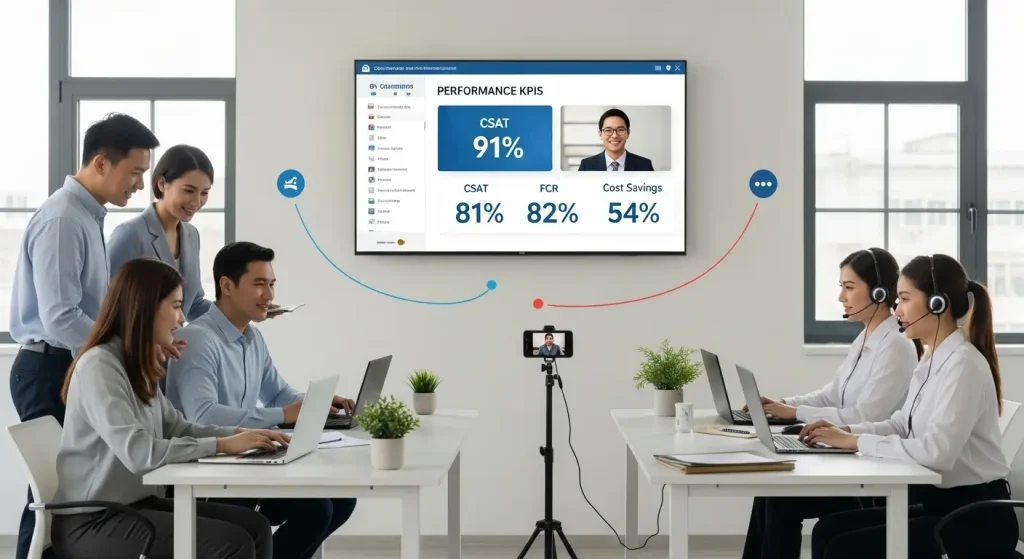 BPO services for small businesses USA showing outsourced customer support team and performance KPI dashboard