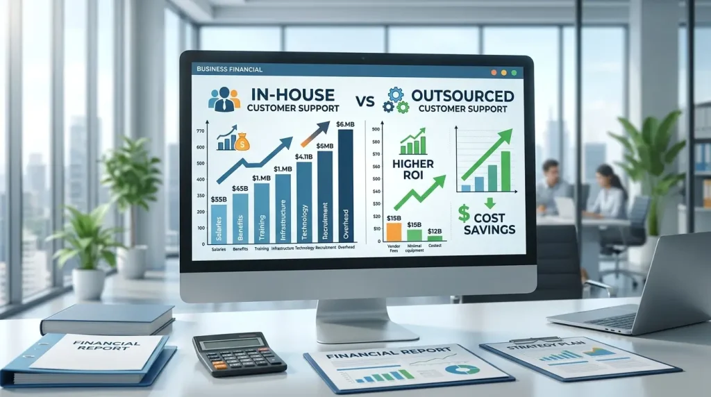 Cost comparison between in-house and outsourced customer support showing ROI benefits