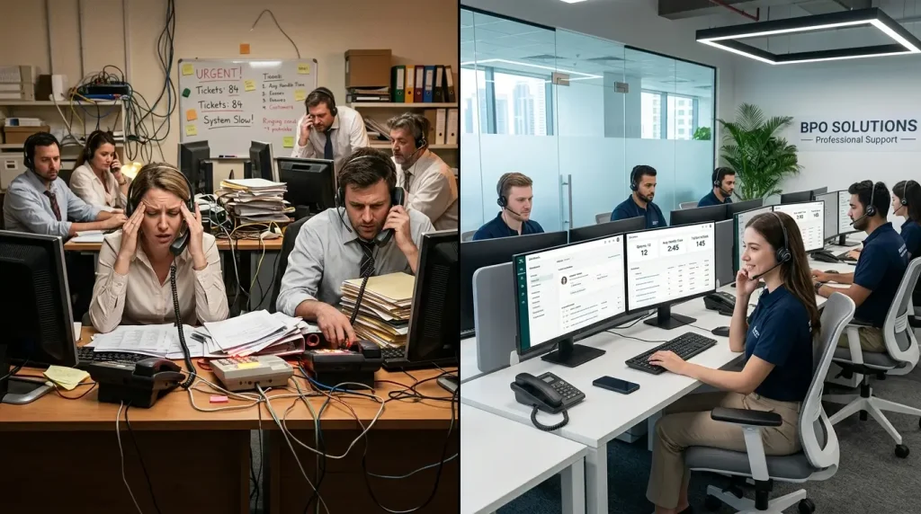 Outsourced Customer Support vs in-house comparison showing efficiency difference