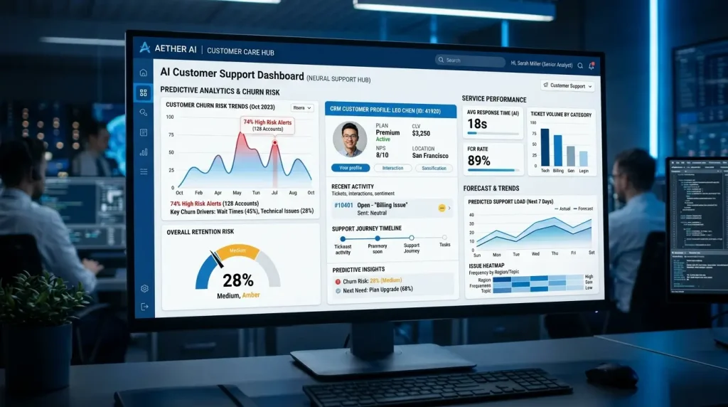 AI-powered CRM dashboard tracking customer retention and churn risk for outsourced support teams