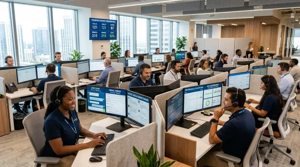 Omnichannel customer support outsourcing team managing multiple communication channels