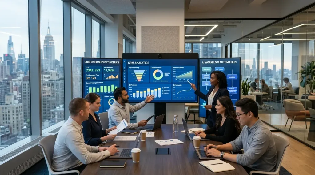 Scalable BPO services USA team managing customer support and analytics dashboards