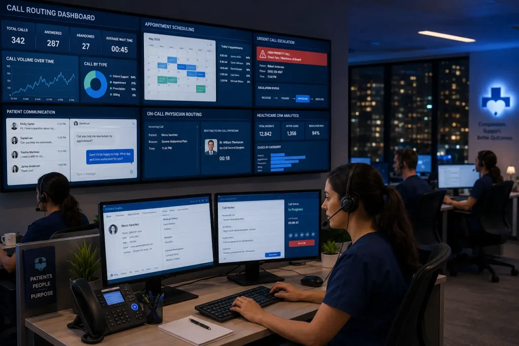 Healthcare support specialists managing after-hours patient calls in a medical call center