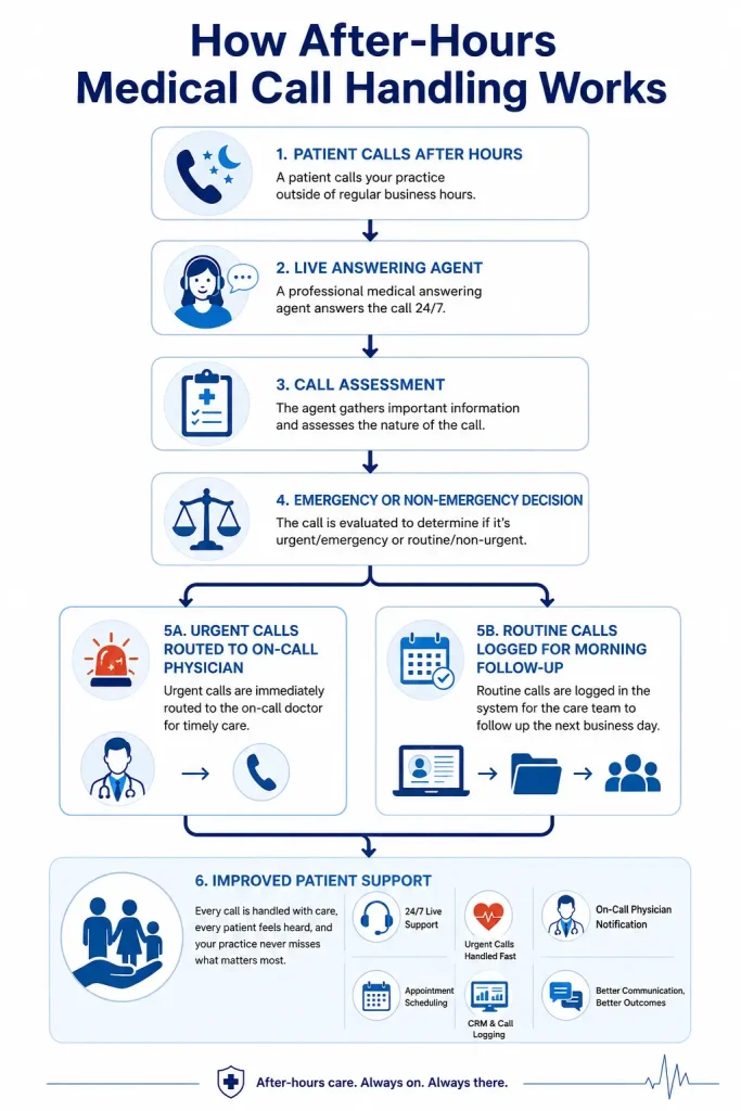 Infographic showing after-hours medical call routing workflow for urgent and non-urgent calls