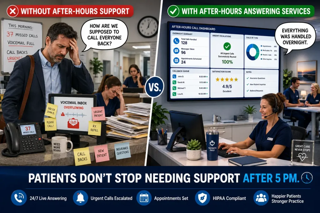 Healthcare meme comparing chaotic missed calls with organized after-hours answering support