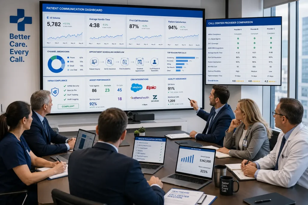 Healthcare administrators evaluating healthcare call center provider performance and service capabilities