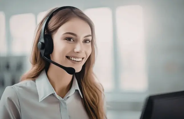 Smiling healthcare call center representative wearing a headset and providing patient support in a modern healthcare communication center.