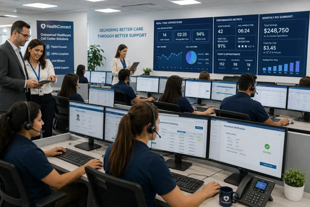 Healthcare support specialists analyzing call center performance metrics and patient communication dashboards