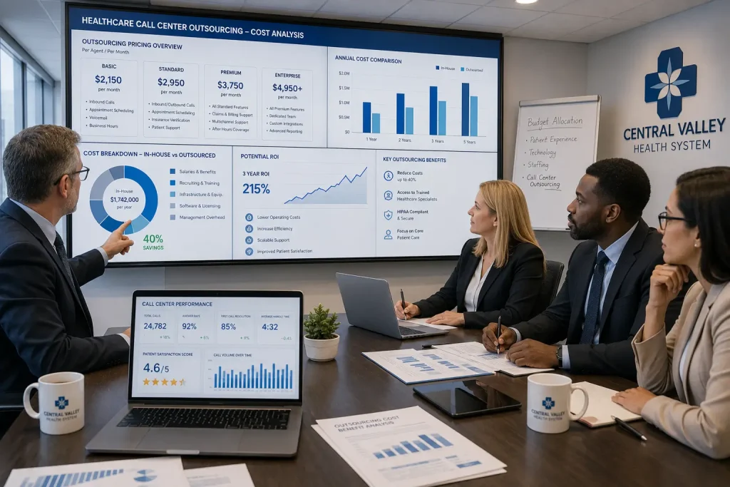 Healthcare administrators analyzing call center outsourcing costs and ROI dashboards