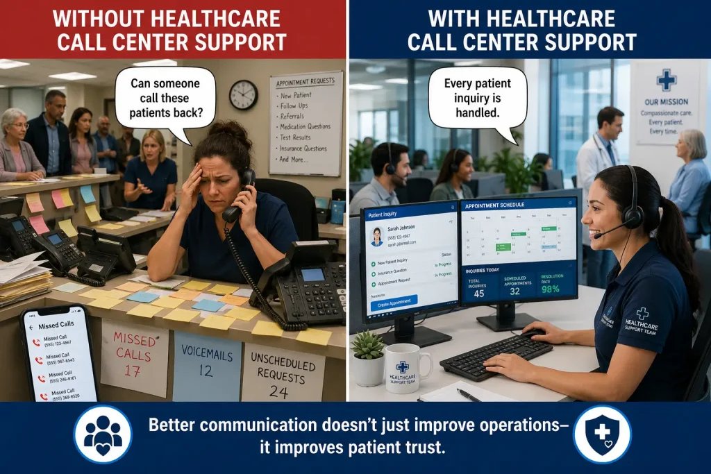 Healthcare meme comparing overwhelmed clinic staff with organized call center support