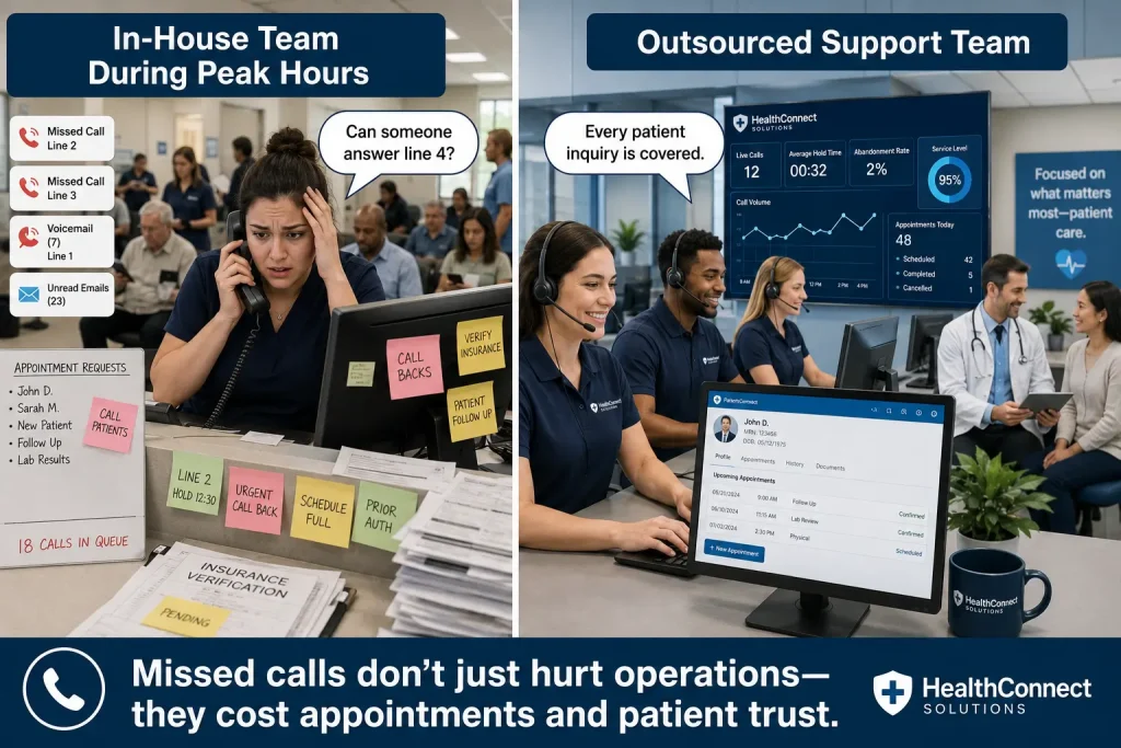 Healthcare meme comparing overwhelmed in-house staff and organized outsourced support team