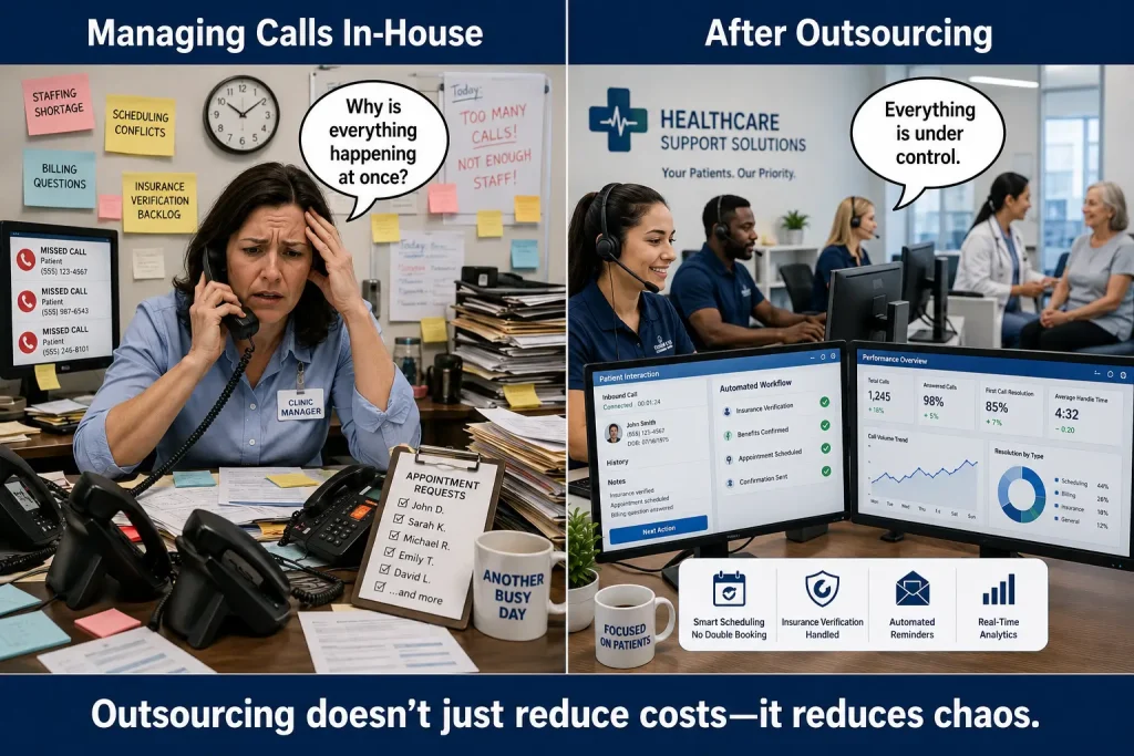 Healthcare meme comparing chaotic in-house call handling with organized outsourced support