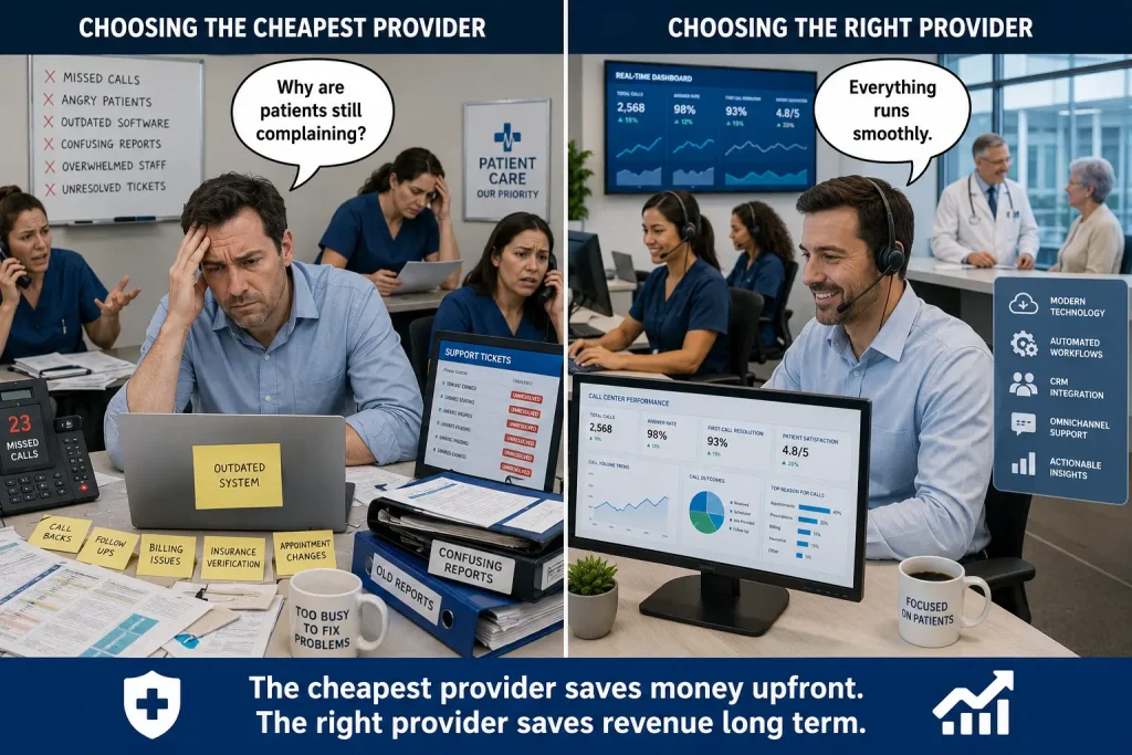 Healthcare meme comparing poor provider choice versus selecting the right call center partner