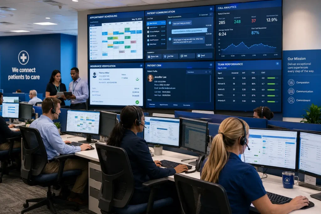 Healthcare call center specialists helping patients through phone support and digital communication