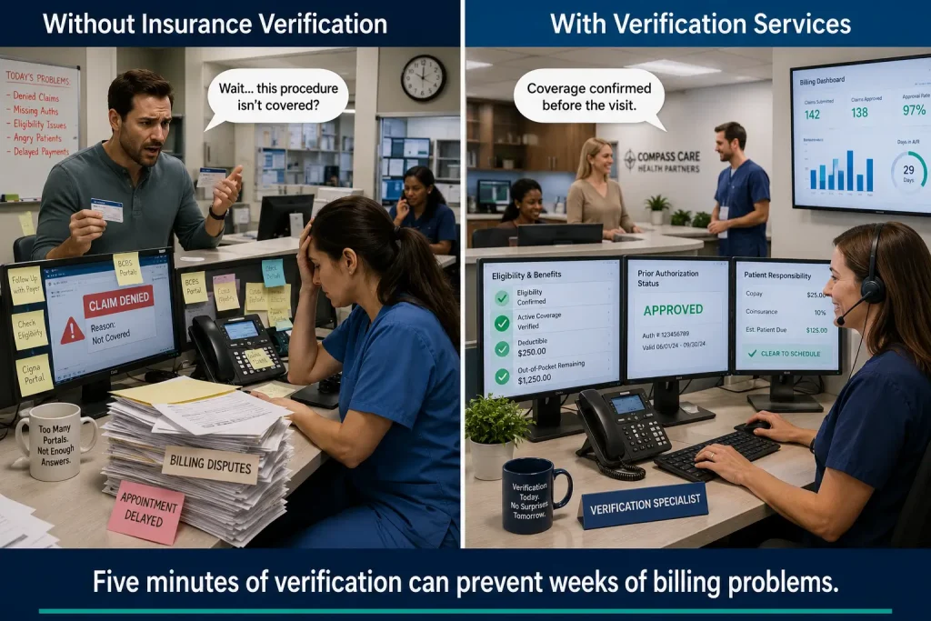 Healthcare meme comparing billing chaos without insurance verification versus organized verification workflow