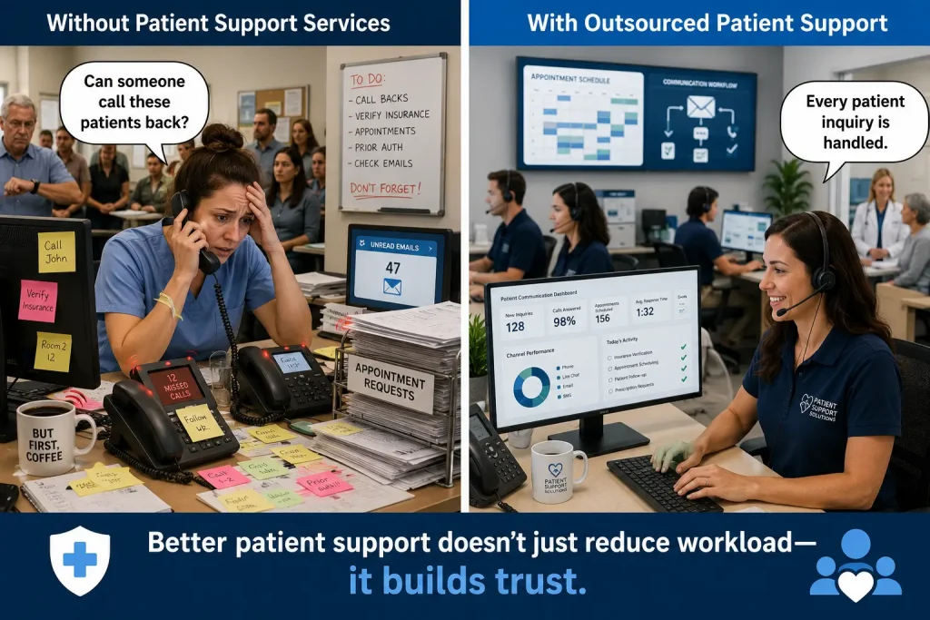 Healthcare meme comparing overwhelmed clinic staff with organized outsourced patient support team