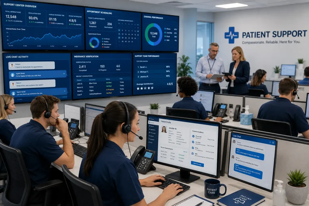 Healthcare patient support specialists assisting patients through phone and digital communication channels