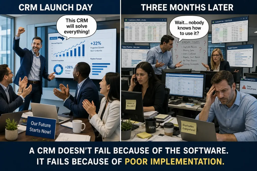 CRM implementation meme showing the difference between CRM expectations and poor implementation outcomes.