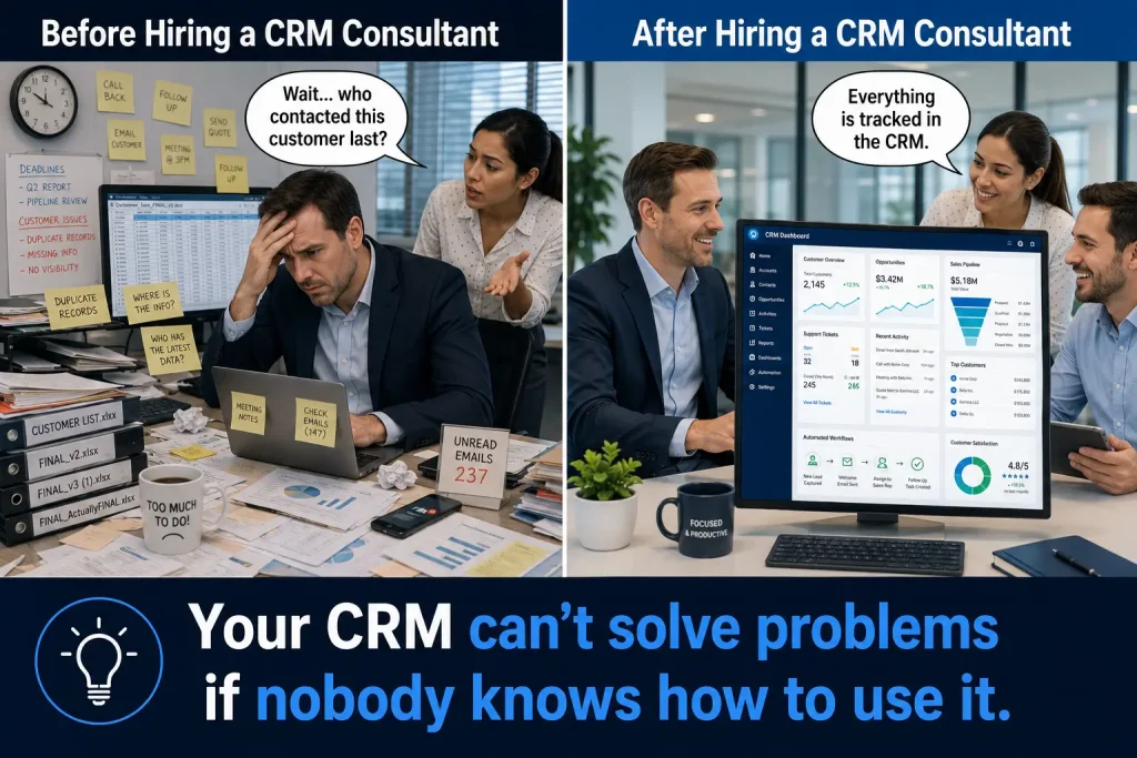 Business meme showing the difference between disorganized customer data and optimized CRM management.