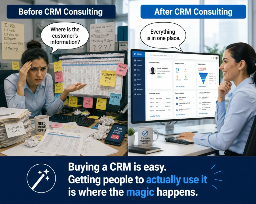 CRM consulting meme showing the difference between poor CRM adoption and optimized CRM usage.