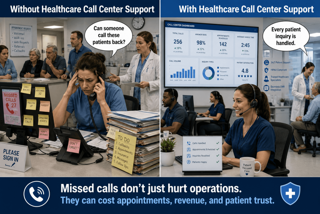 Healthcare meme showing the difference between overwhelmed medical staff and organized healthcare call center support.