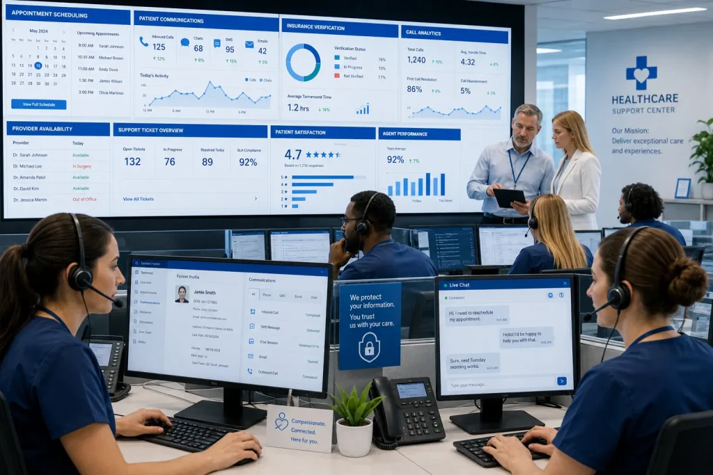 Healthcare call center specialists helping patients with appointment scheduling and customer support services.