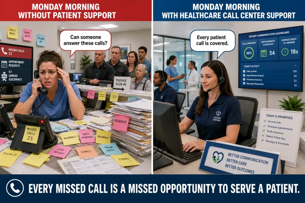 Healthcare meme showing the difference between unmanaged patient calls and professional patient support services.