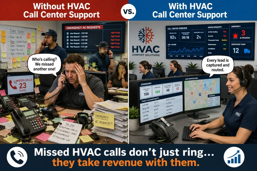 HVAC business meme comparing chaotic missed calls with organized call center support