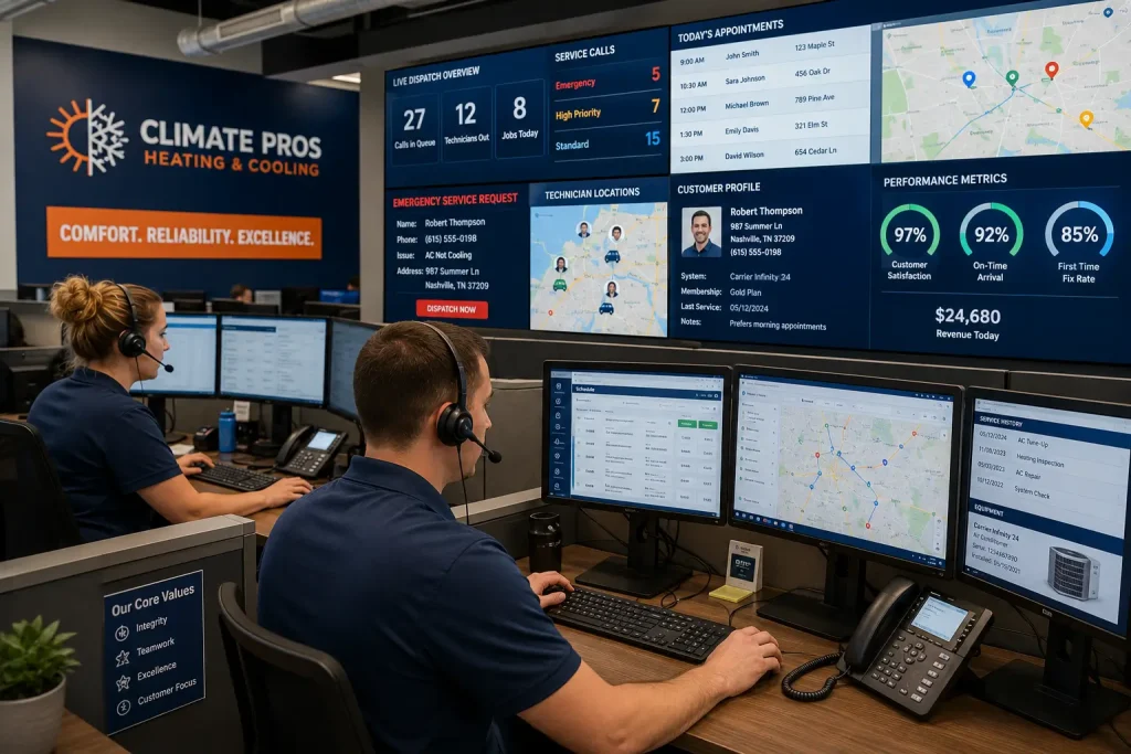 HVAC call center agents managing service calls and technician dispatch