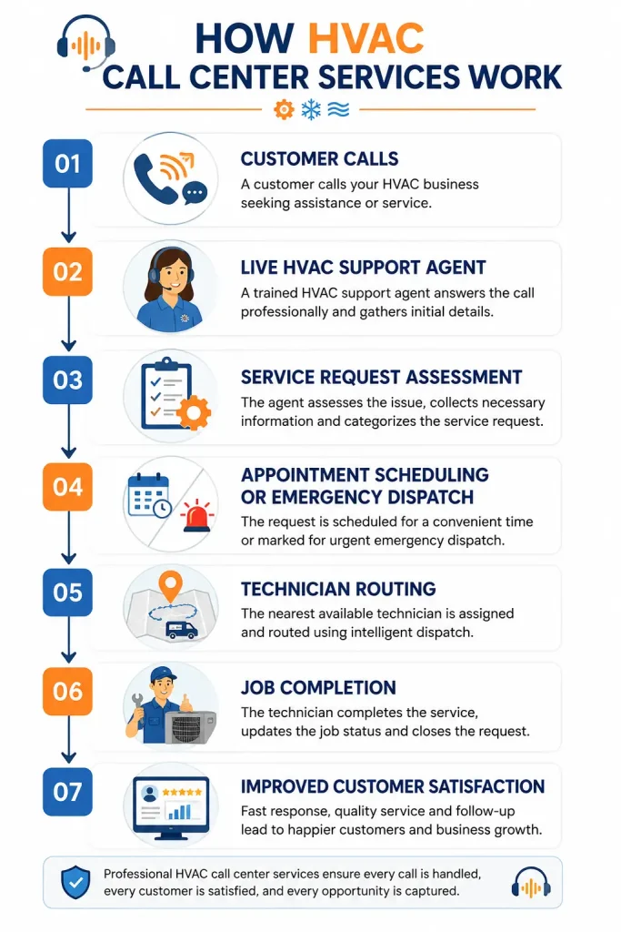 Infographic showing HVAC call center workflow from customer call to technician dispatch