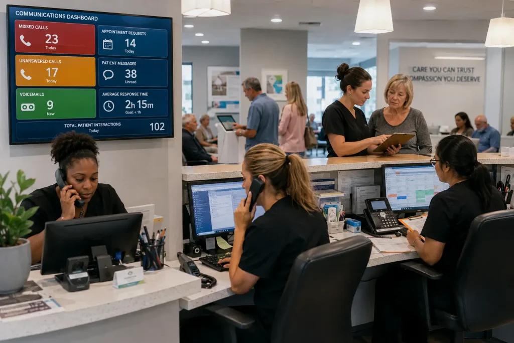 Busy healthcare front desk staff managing patient calls and appointment requests.